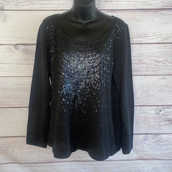 EILEEN FISHER WOMENS SEQUINED MERINO WOOL TOP XL Charcoal Gray Sweater - Picture 1 of 10